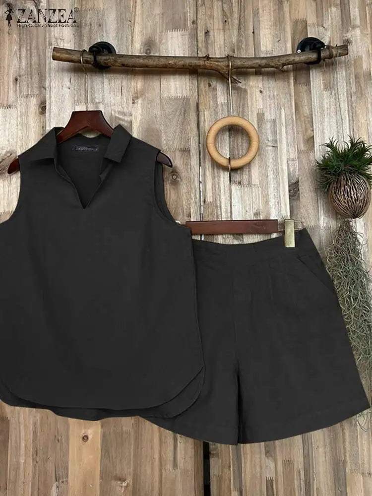 Loose Short Sets and Fashion Lapel V Neck Tanks