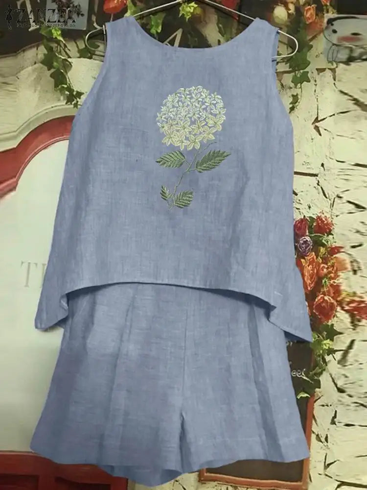 Short Sets Vintage Embroidery Floral Trousers Suits