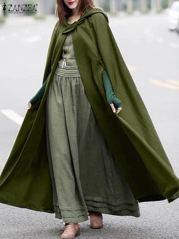 Fashion Long Cape Cloak Hooded Wool Blend Cloak Coat