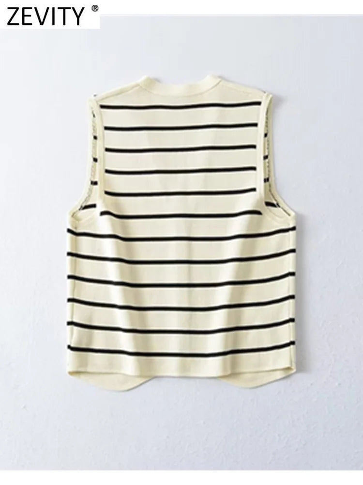 V Neck Striped Pattern Knitted Vest Sweater