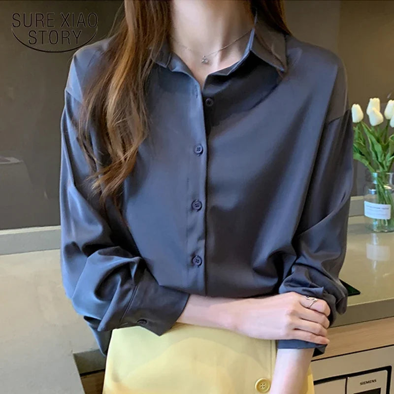 Long Sleeve Blouse Loose Polo Chiffon Shirts