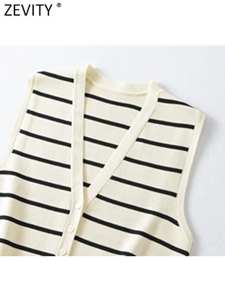 V Neck Striped Pattern Knitted Vest Sweater