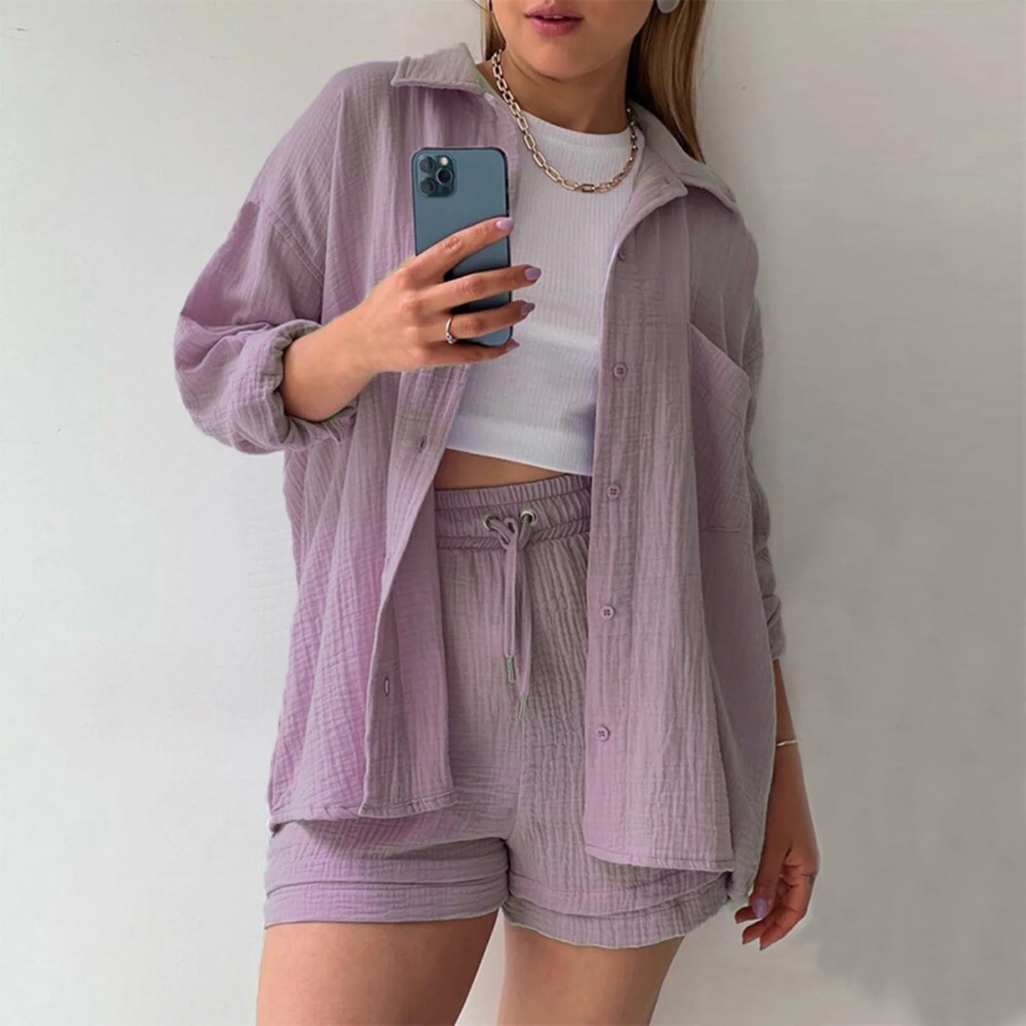 Elastic High Waisted Shorts Set Long Sleeved Shirt