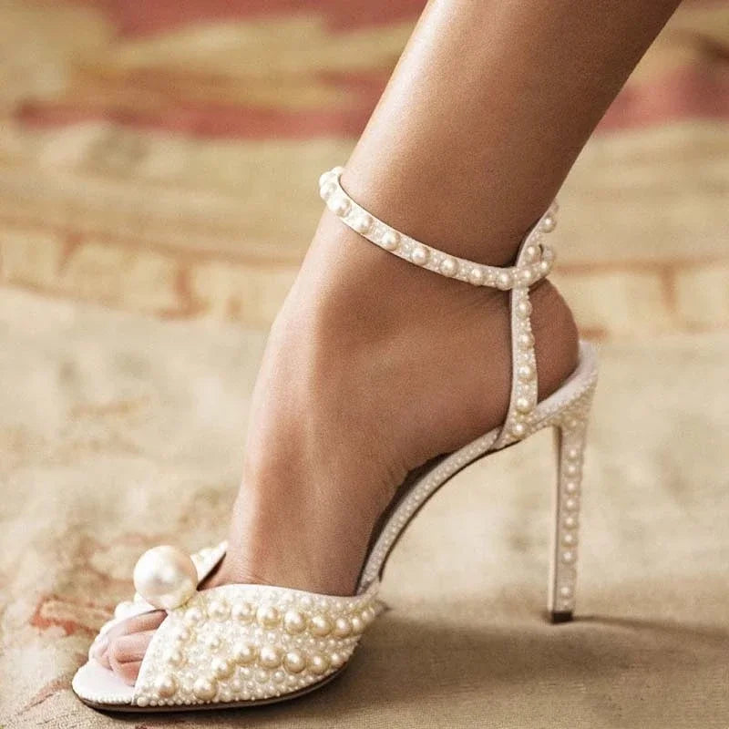 Pearls Studs Luxury Peep Toe High Heels Buckle Woman Sandal