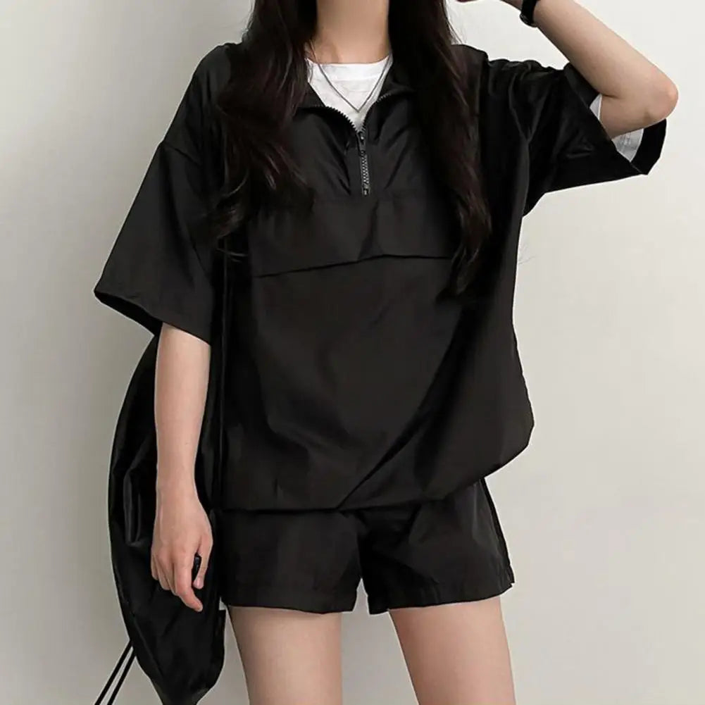 Two Pieces Sets Turtleneck Zipper T-shirts Shorts Sportswear