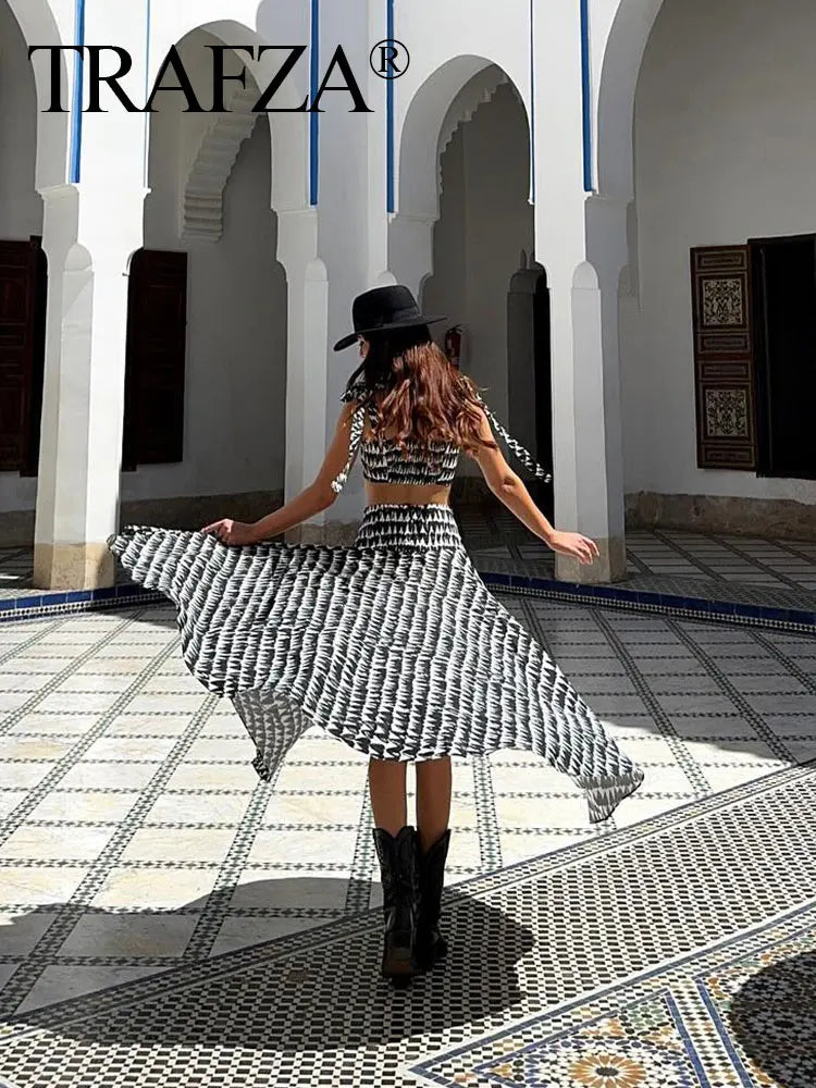 Fashion Print Skirts Suit Sexy Backless Sleeveless Slim Corset Crop Top