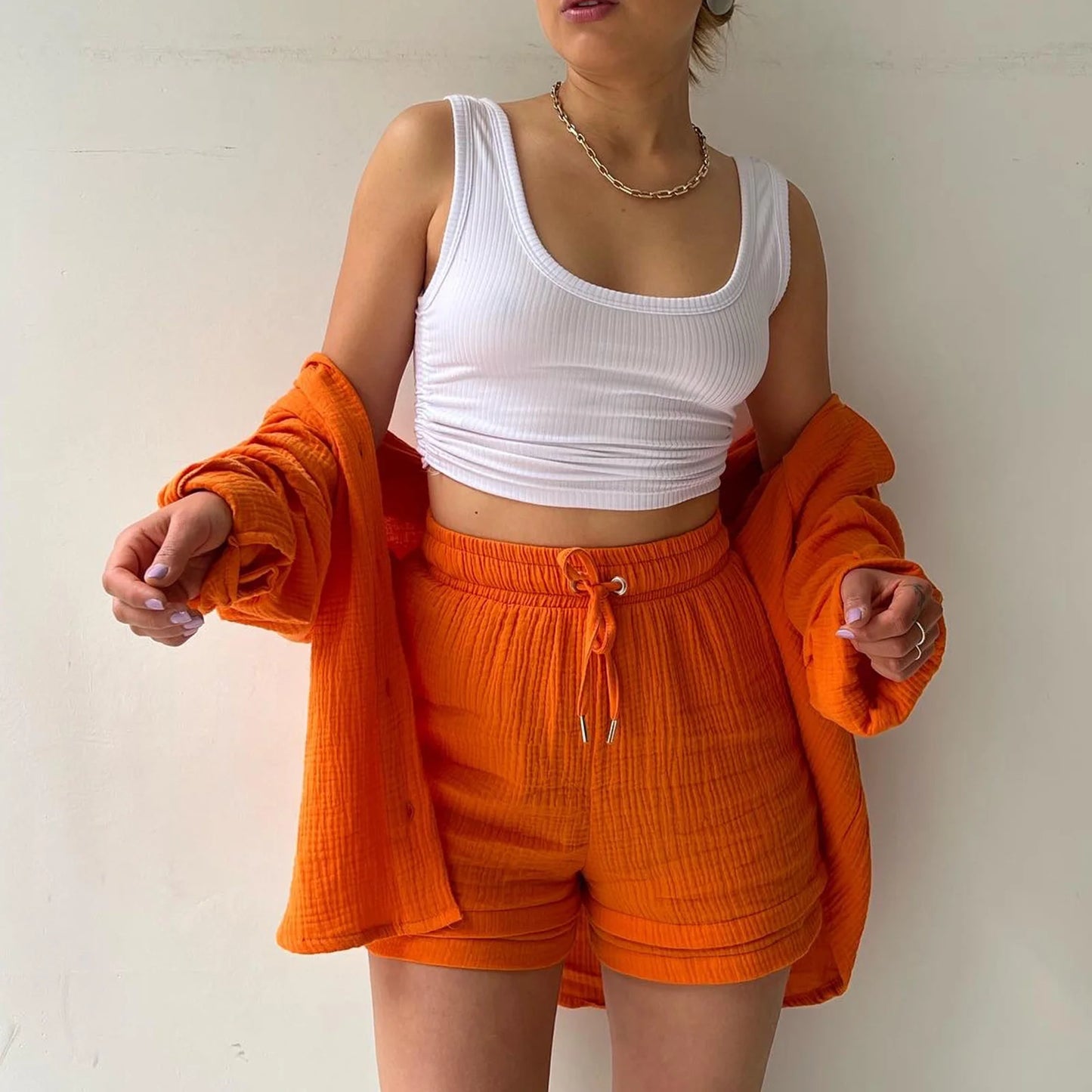 Elastic High Waisted Shorts Set Long Sleeved Shirt