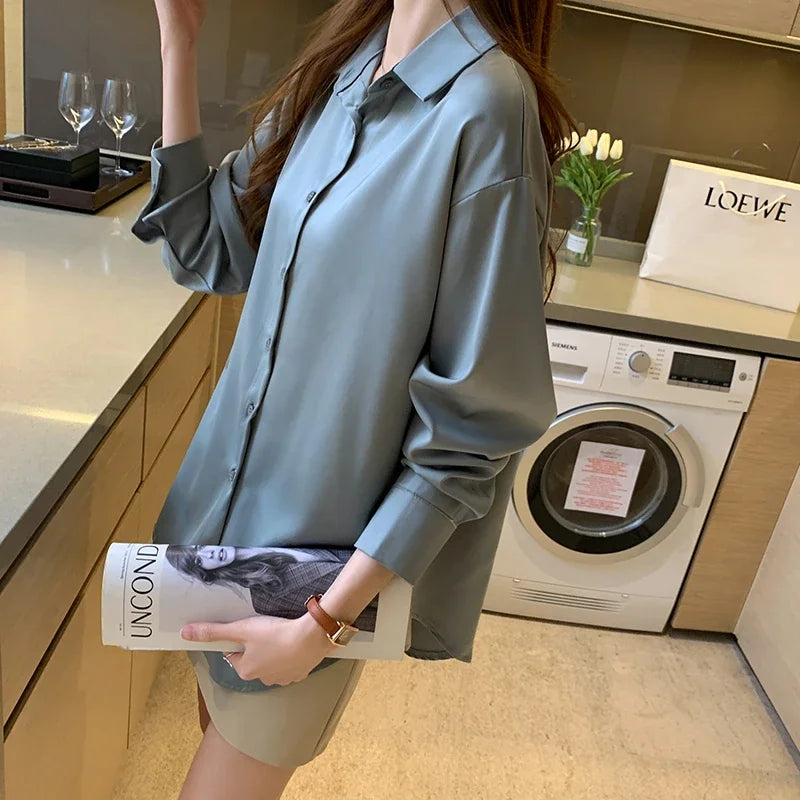 Long Sleeve Blouse Loose Polo Chiffon Shirts