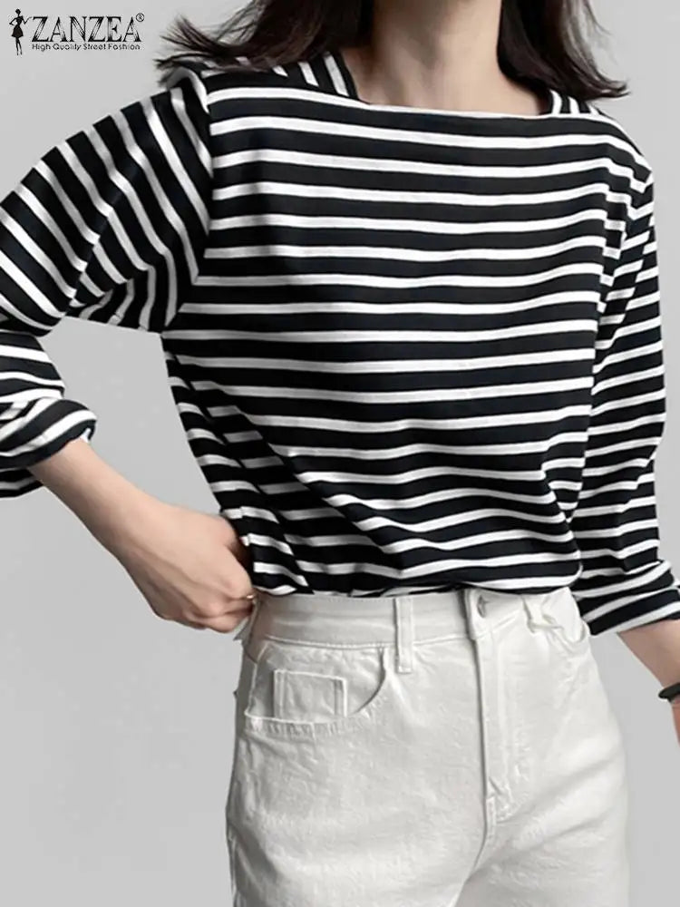 Fashion Striped Blouses Elegant Square Neck Long Sleeve Tops