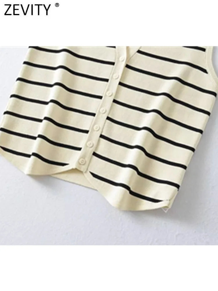 V Neck Striped Pattern Knitted Vest Sweater