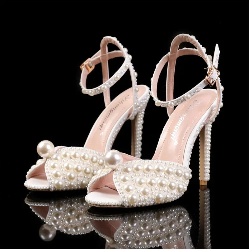 Pearls Studs Luxury Peep Toe High Heels Buckle Woman Sandal