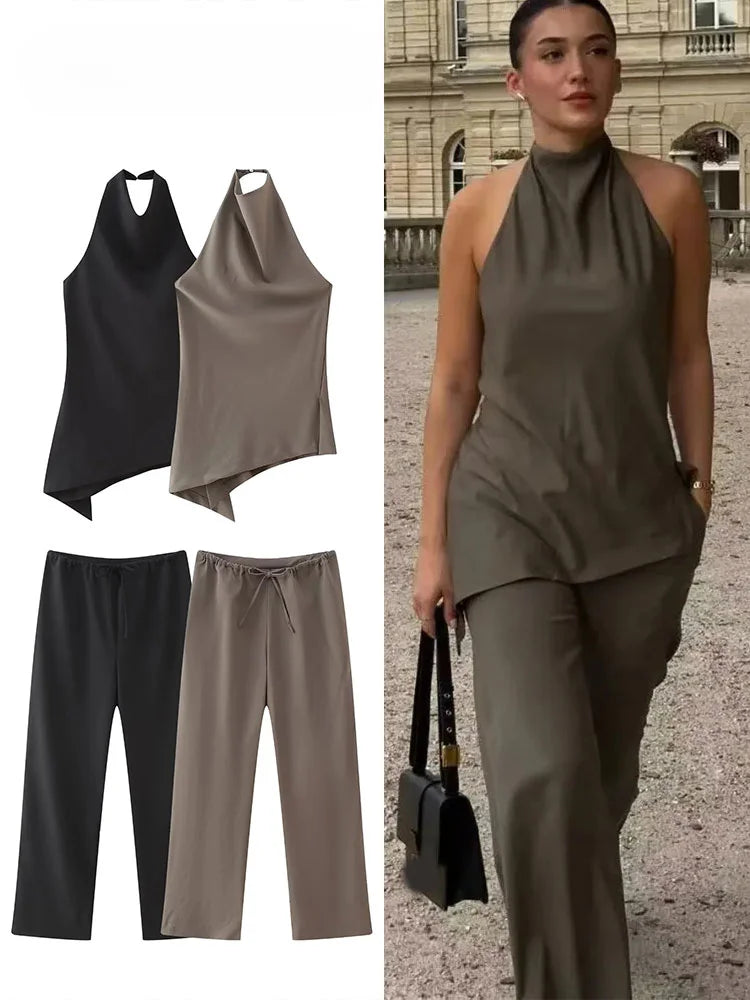 Long Pant Sets Backless Sexy Halter Camis Top