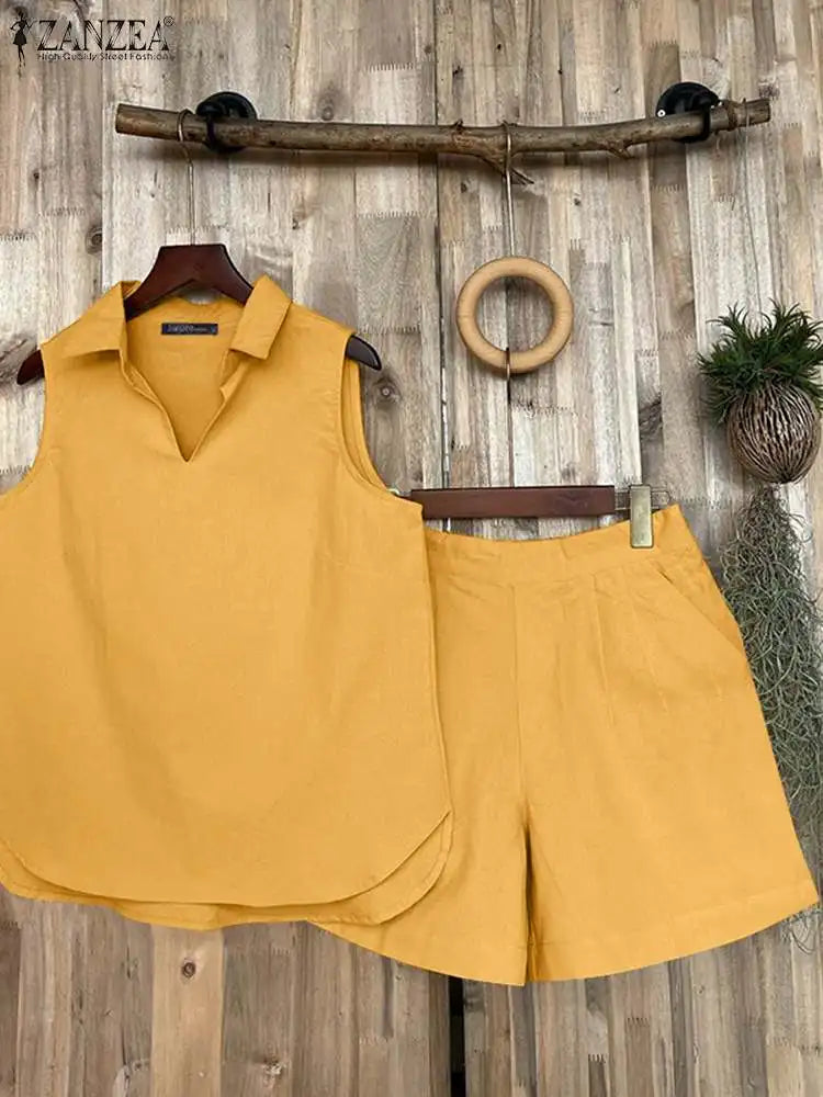 Loose Short Sets and Fashion Lapel V Neck Tanks