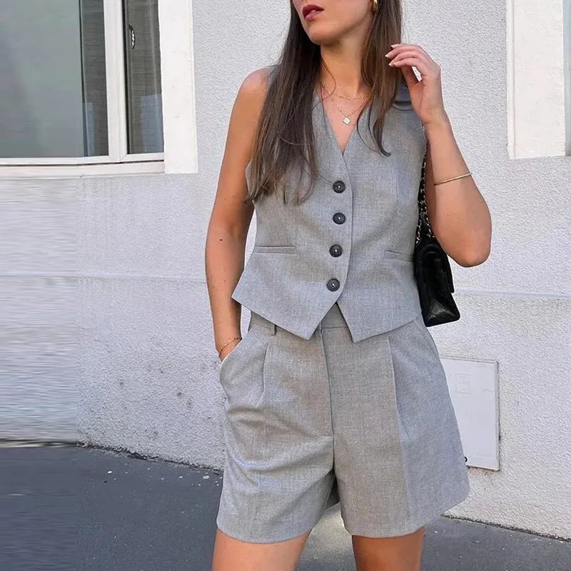 Two Piece Suit Woman Shorts Sets Sleeveless Women's Formal Vest Top