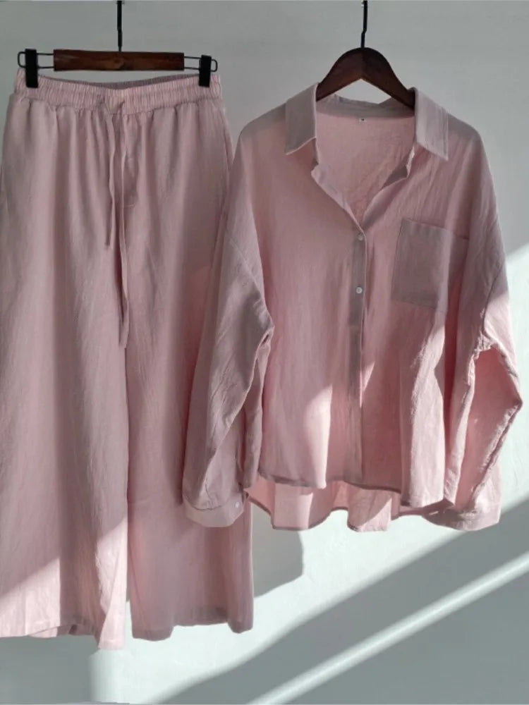 Two Piece Casual Long Sleeve Shirt Wide Leg Pants 2 Piece Sets