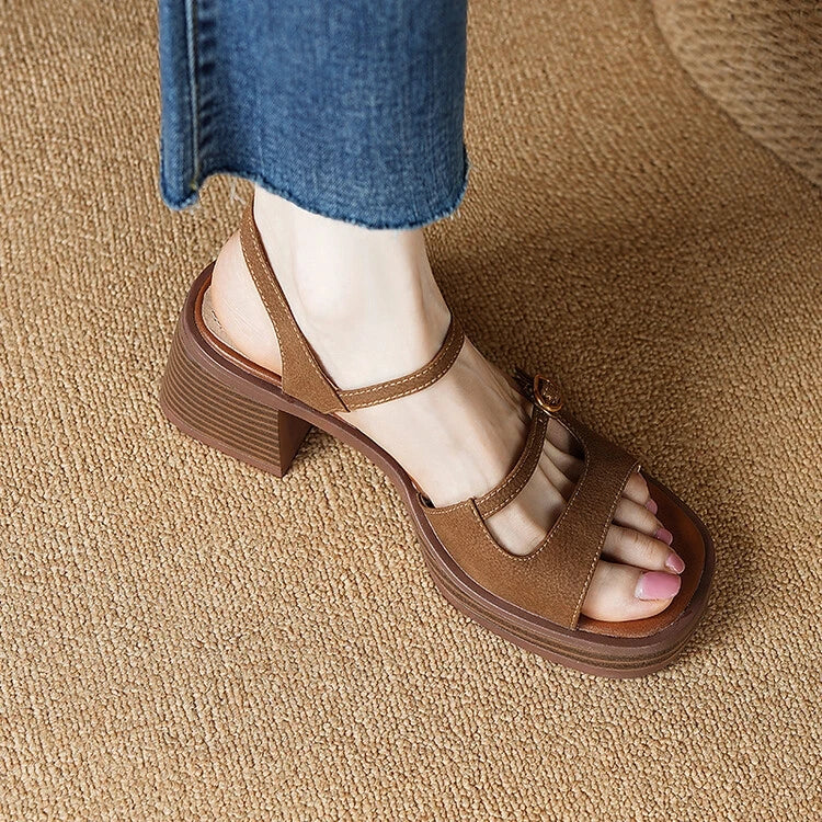 Vintage Square Toe Tuckle Strap Shoes