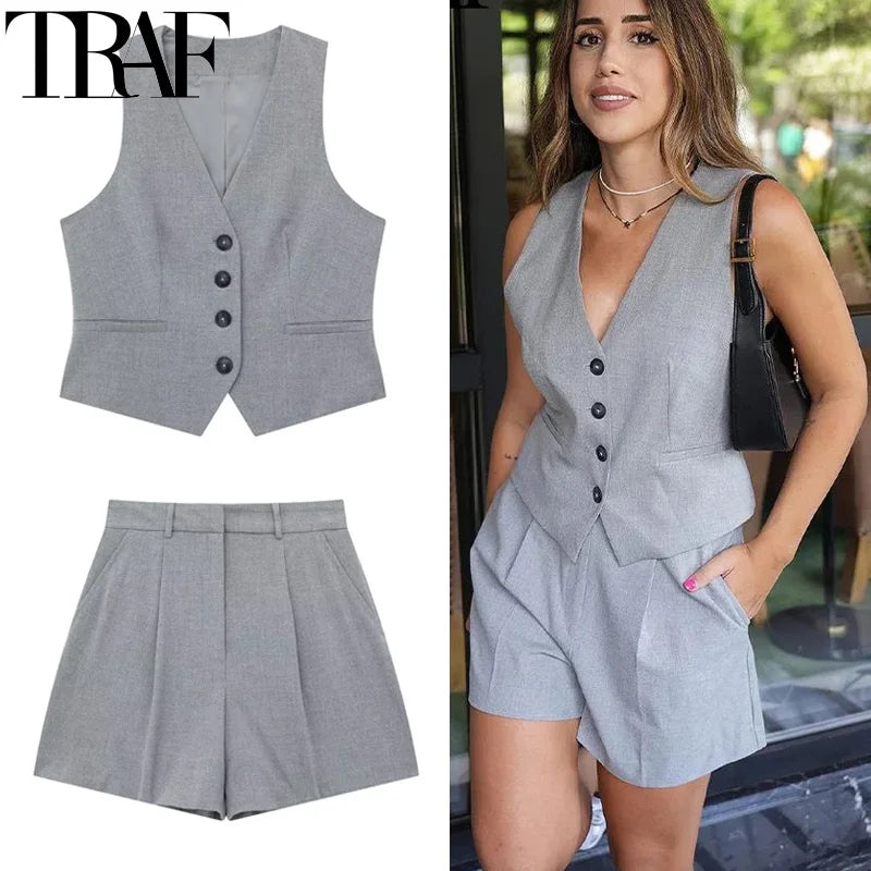 Two Piece Suit Woman Shorts Sets Sleeveless Women's Formal Vest Top