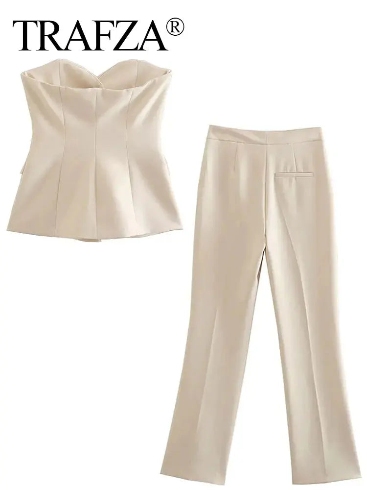 Elegant Pant Suit Front Button Strapless Sexy Tank Tops + Side Slit Trouser