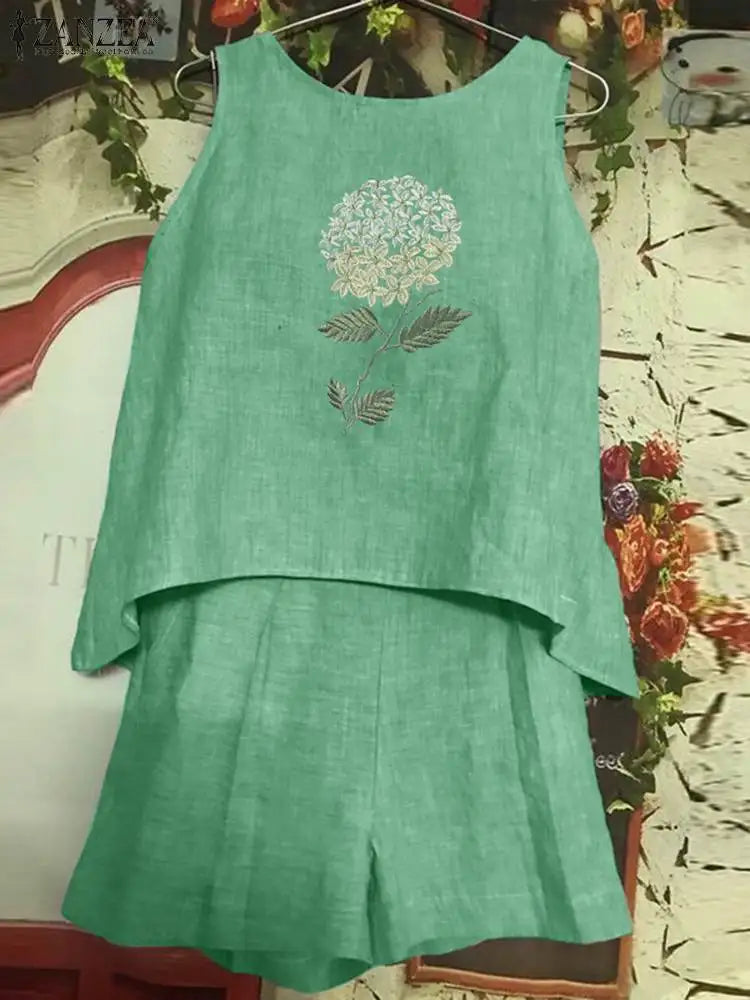 Short Sets Vintage Embroidery Floral Trousers Suits