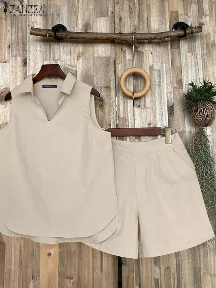 Loose Short Sets and Fashion Lapel V Neck Tanks