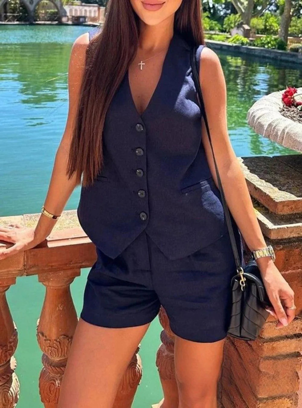 V-Neck Vest Stacked Decoration Casual Shorts Linen Blend Vest Shorts