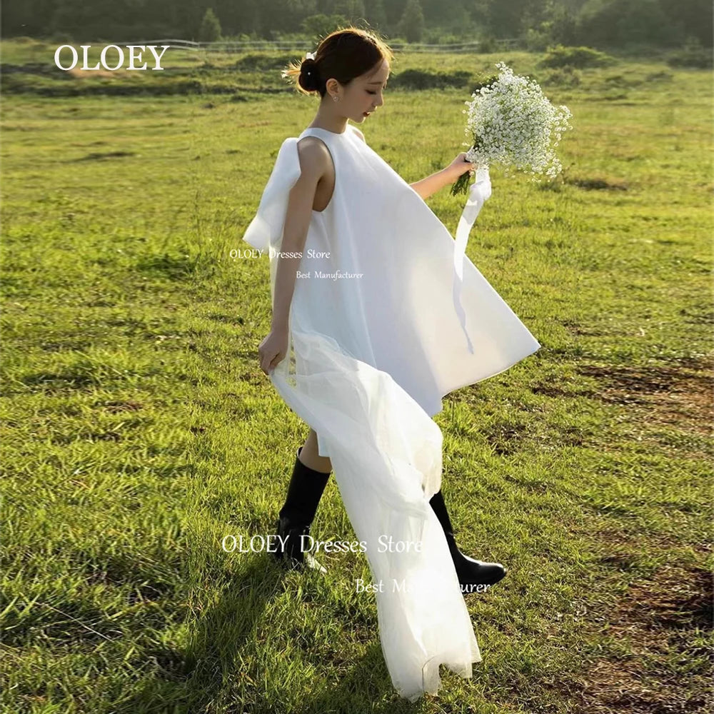 Simple Satin Short Wedding Dresses Korea Photoshoot Sleeveless O Neck Bridal Gowns Bow Back Formal Women Dress Customized