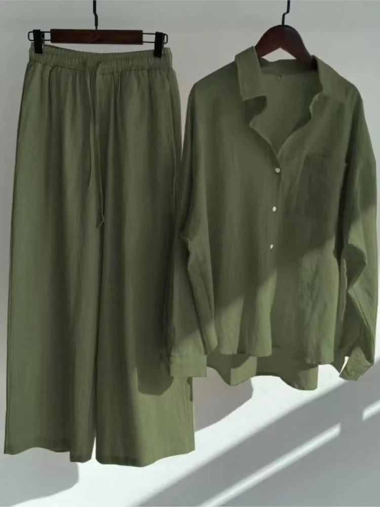 Two Piece Casual Long Sleeve Shirt Wide Leg Pants 2 Piece Sets