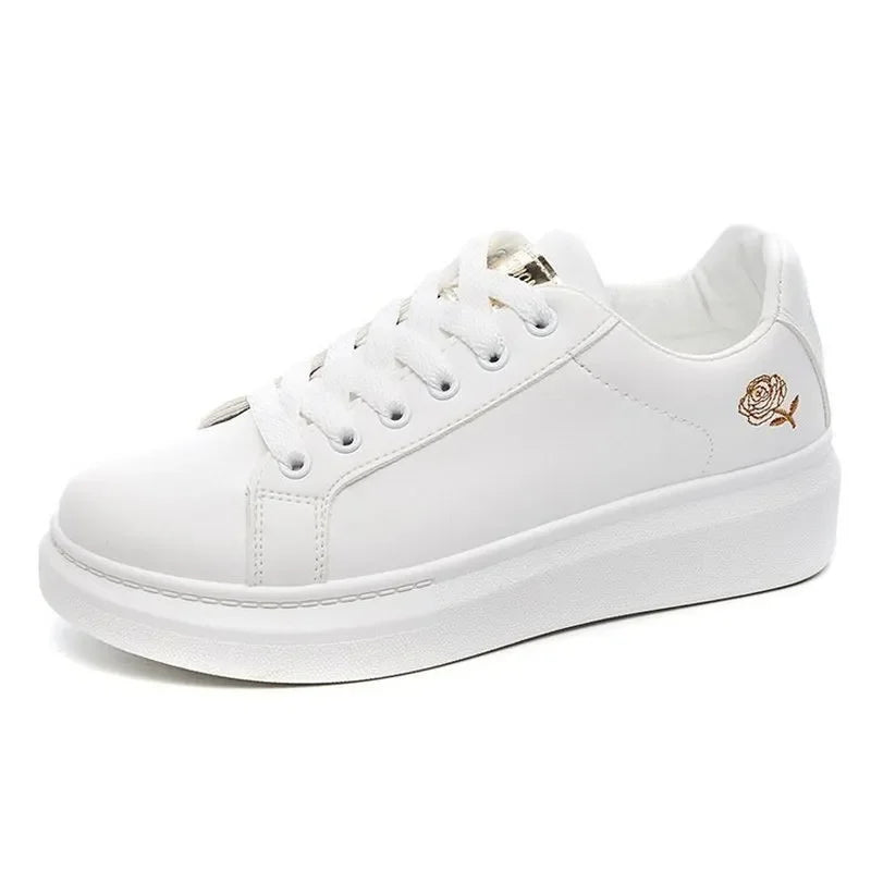 White Breathable Embroidered Flower Lace-Up Casual Sneakers