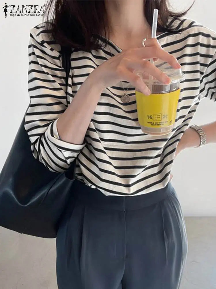 Fashion Striped Blouses Elegant Square Neck Long Sleeve Tops