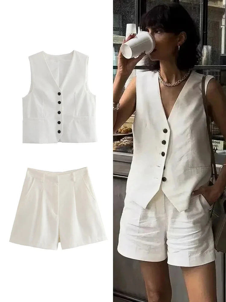 V-Neck Vest Stacked Decoration Casual Shorts Linen Blend Vest Shorts