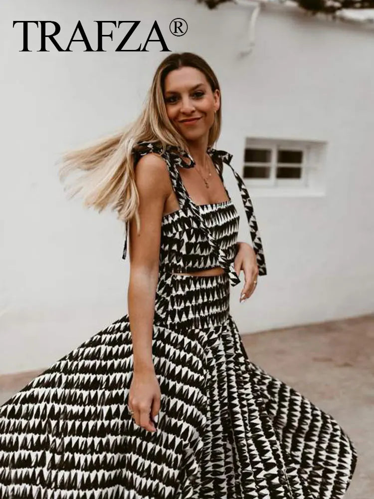 Fashion Print Skirts Suit Sexy Backless Sleeveless Slim Corset Crop Top