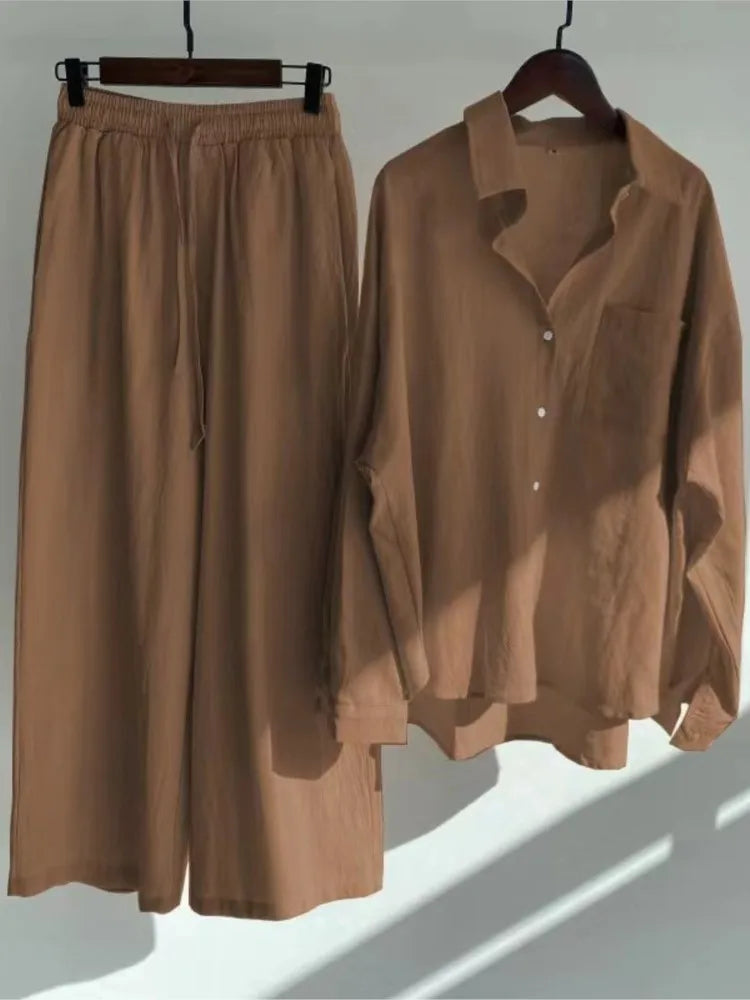 Two Piece Casual Long Sleeve Shirt Wide Leg Pants 2 Piece Sets