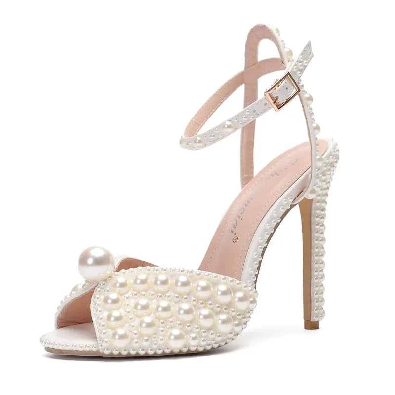 Pearls Studs Luxury Peep Toe High Heels Buckle Woman Sandal