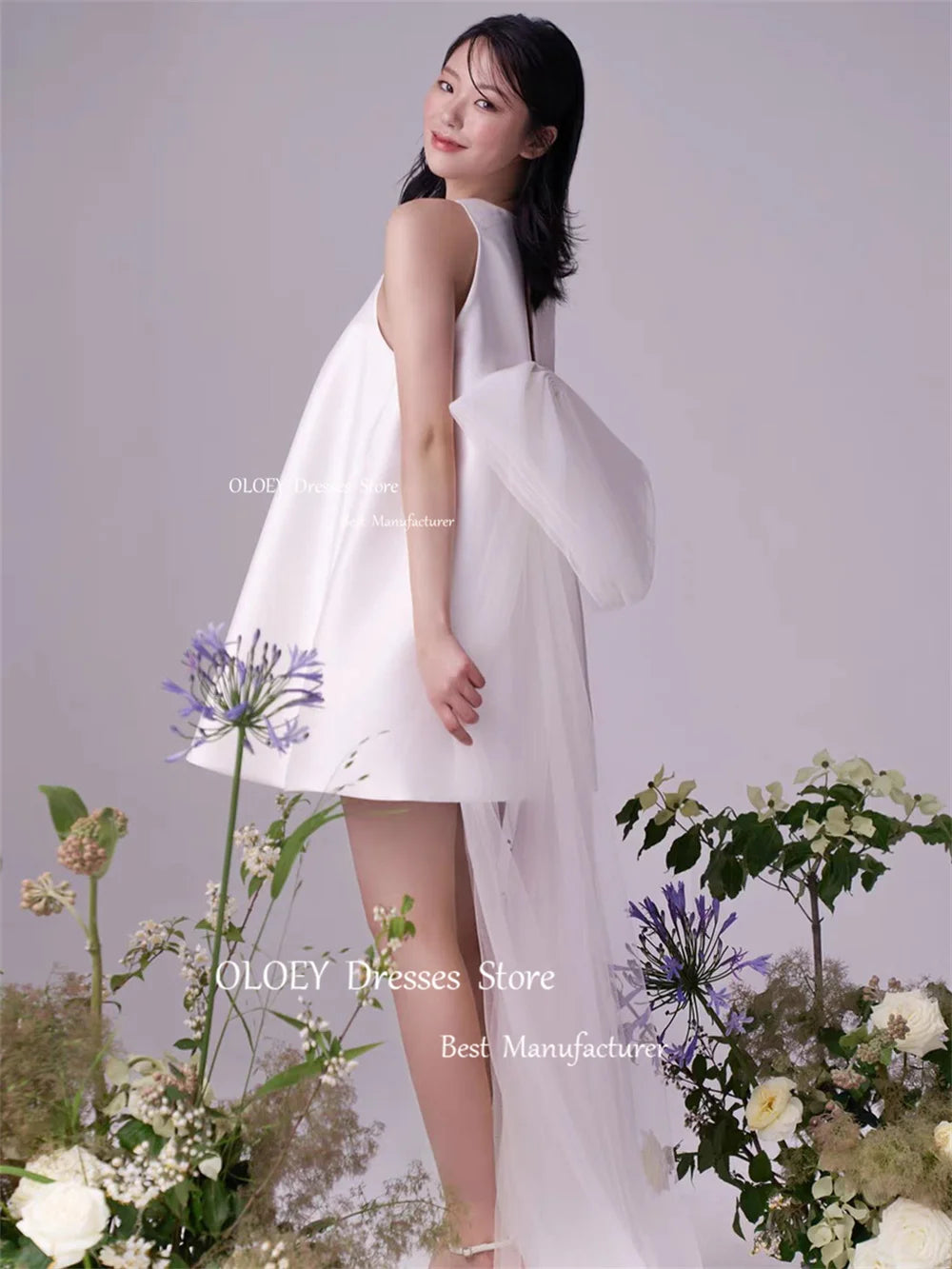 Simple Satin Short Wedding Dresses Korea Photoshoot Sleeveless O Neck Bridal Gowns Bow Back Formal Women Dress Customized