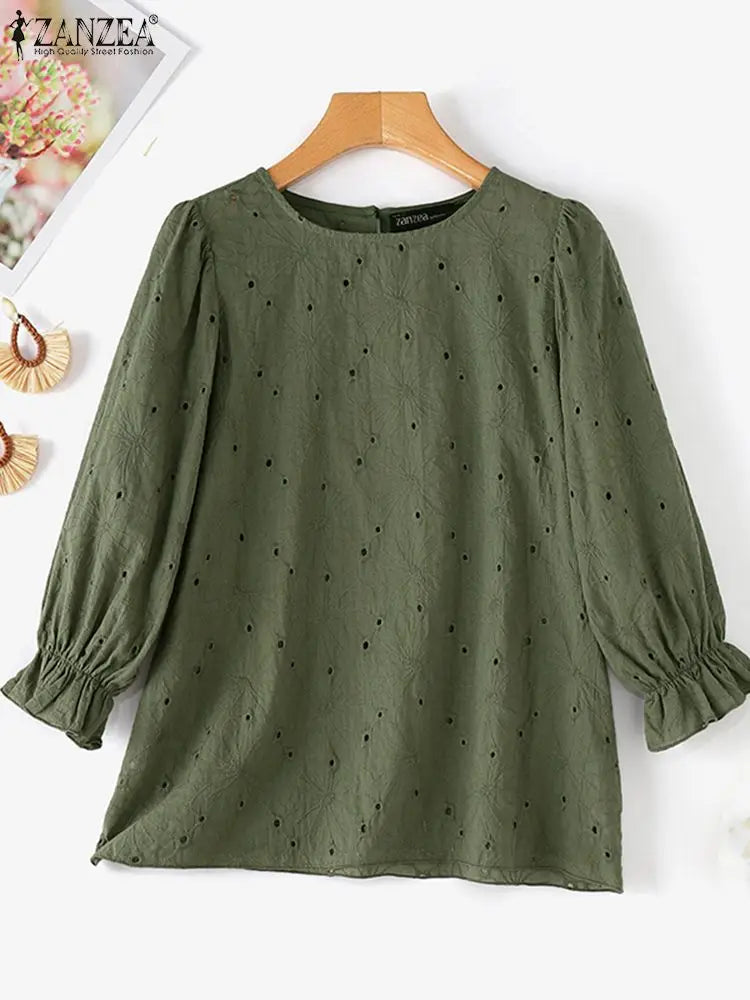 Korean Fashion Cotton Elegant Puff Sleeve Blusas