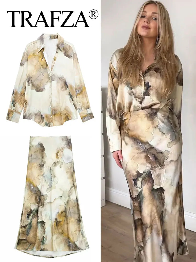 Print Blouse Skirt Sets Sleeve Shirts Top + Slim Midi Skirts