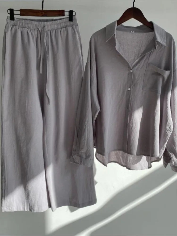 Two Piece Casual Long Sleeve Shirt Wide Leg Pants 2 Piece Sets
