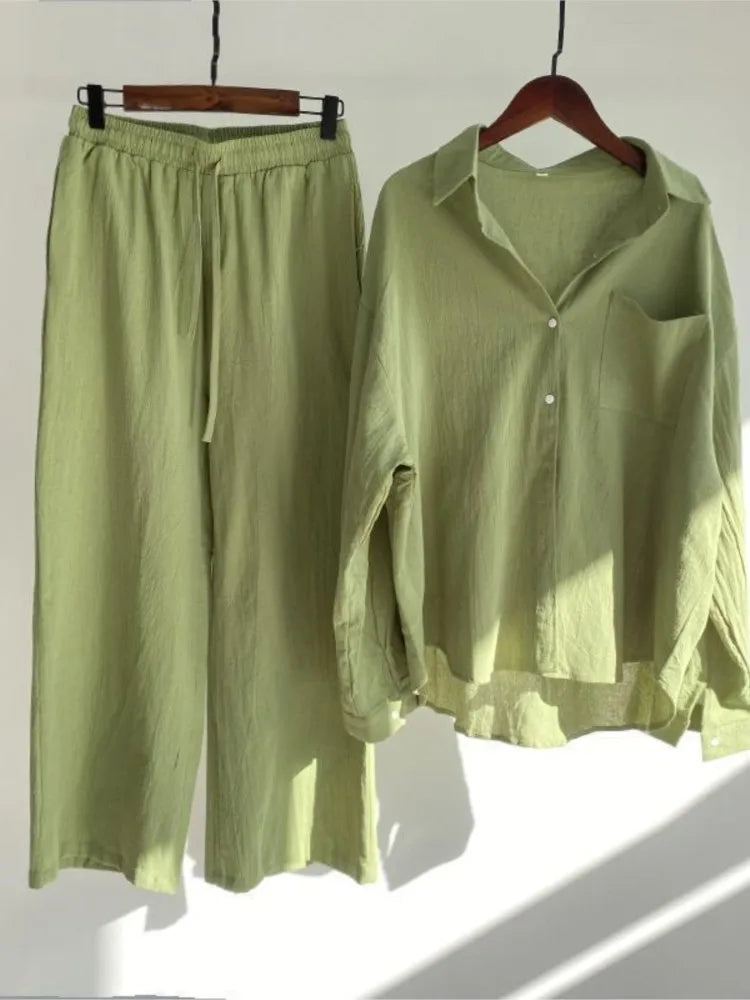 Two Piece Casual Long Sleeve Shirt Wide Leg Pants 2 Piece Sets