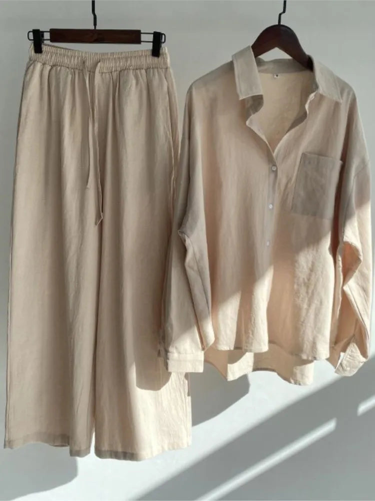 Two Piece Casual Long Sleeve Shirt Wide Leg Pants 2 Piece Sets