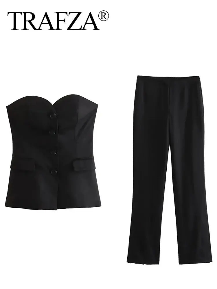 Elegant Pant Suit Front Button Strapless Sexy Tank Tops + Side Slit Trouser