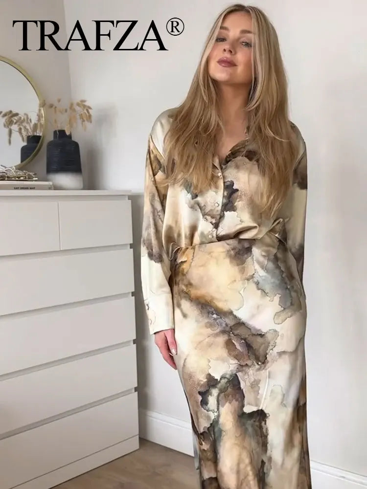 Print Blouse Skirt Sets Sleeve Shirts Top + Slim Midi Skirts