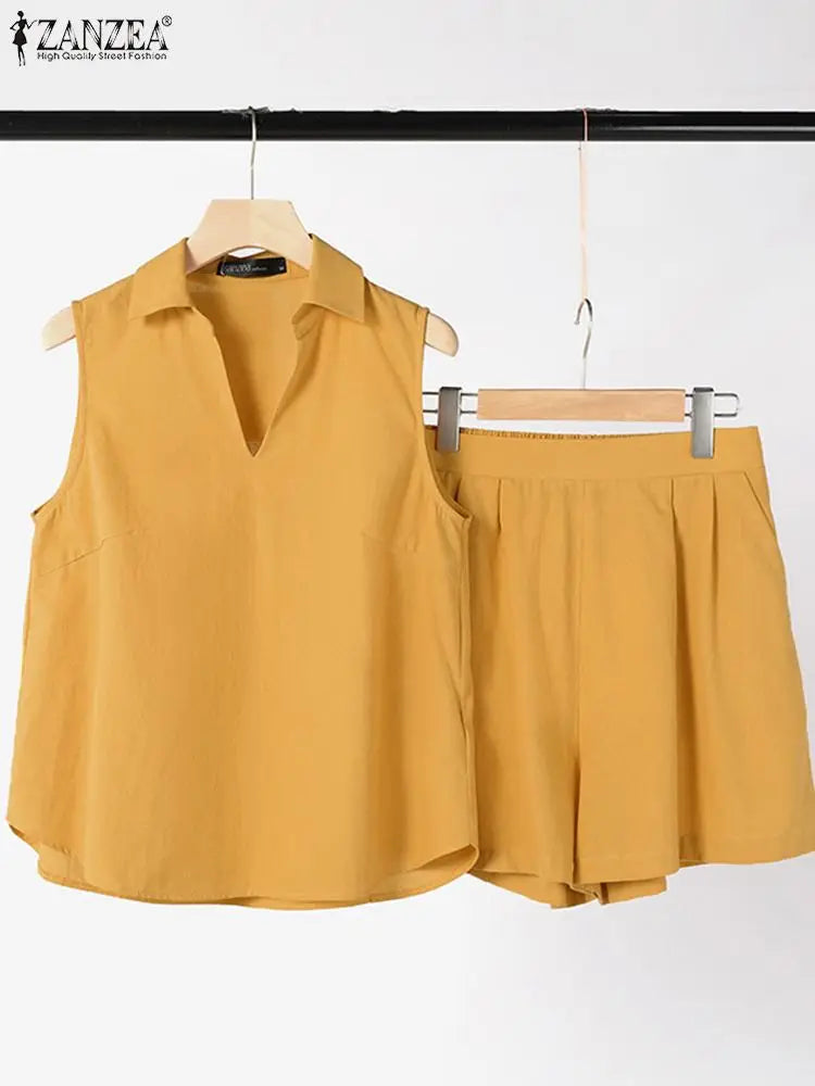 Loose Short Sets and Fashion Lapel V Neck Tanks
