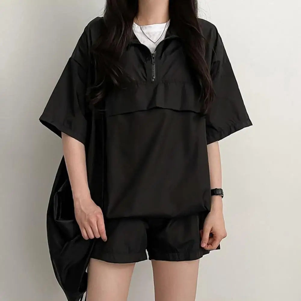 Two Pieces Sets Turtleneck Zipper T-shirts Shorts Sportswear