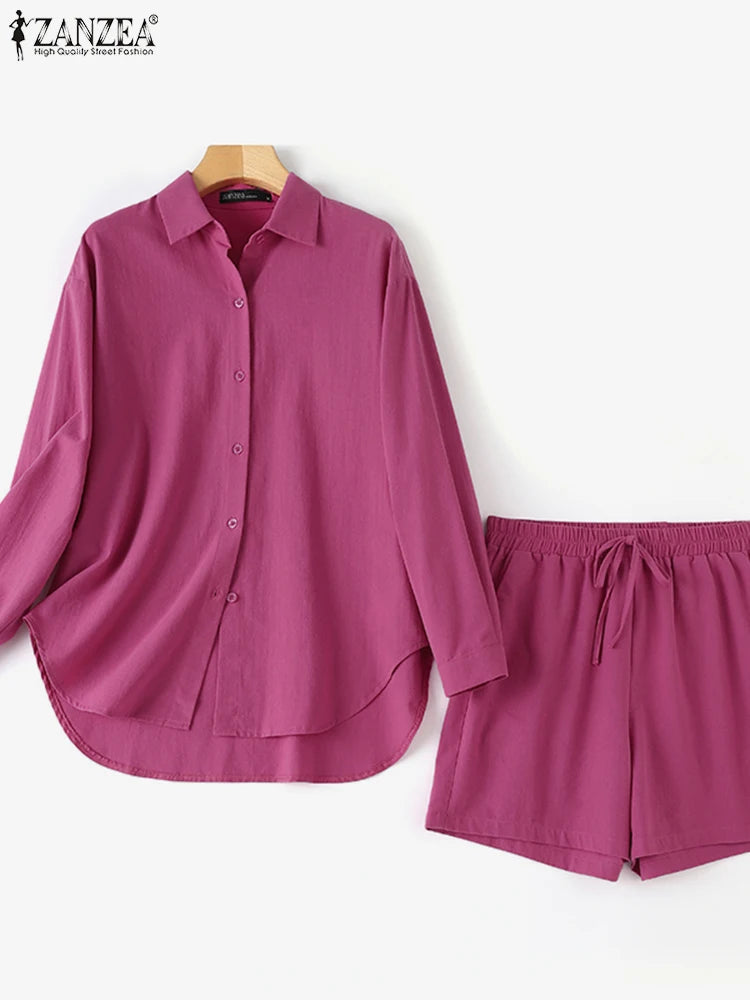 Long Sleeve Shirt, Short Pants Casual Elegant Tracksuit 2PCS