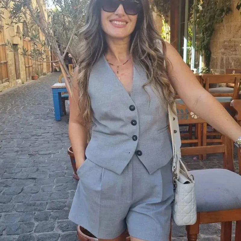 Two Piece Suit Woman Shorts Sets Sleeveless Women's Formal Vest Top