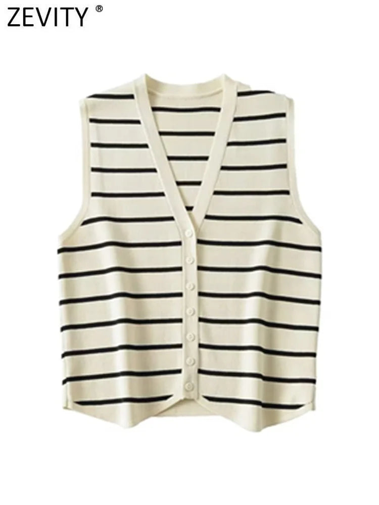 V Neck Striped Pattern Knitted Vest Sweater
