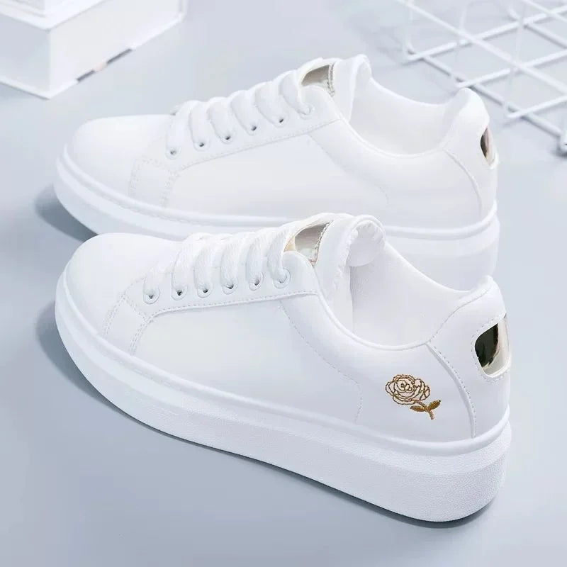 White Breathable Embroidered Flower Lace-Up Casual Sneakers