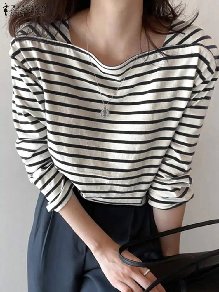 Fashion Striped Blouses Elegant Square Neck Long Sleeve Tops