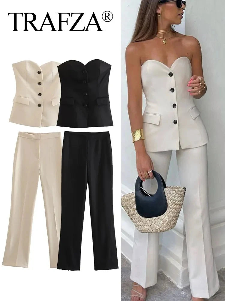 Elegant Pant Suit Front Button Strapless Sexy Tank Tops + Side Slit Trouser