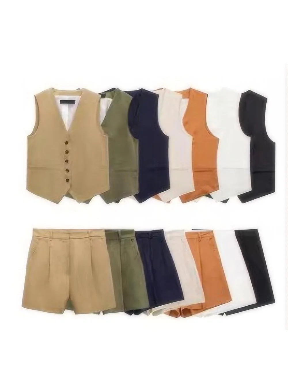 V-Neck Vest Stacked Decoration Casual Shorts Linen Blend Vest Shorts